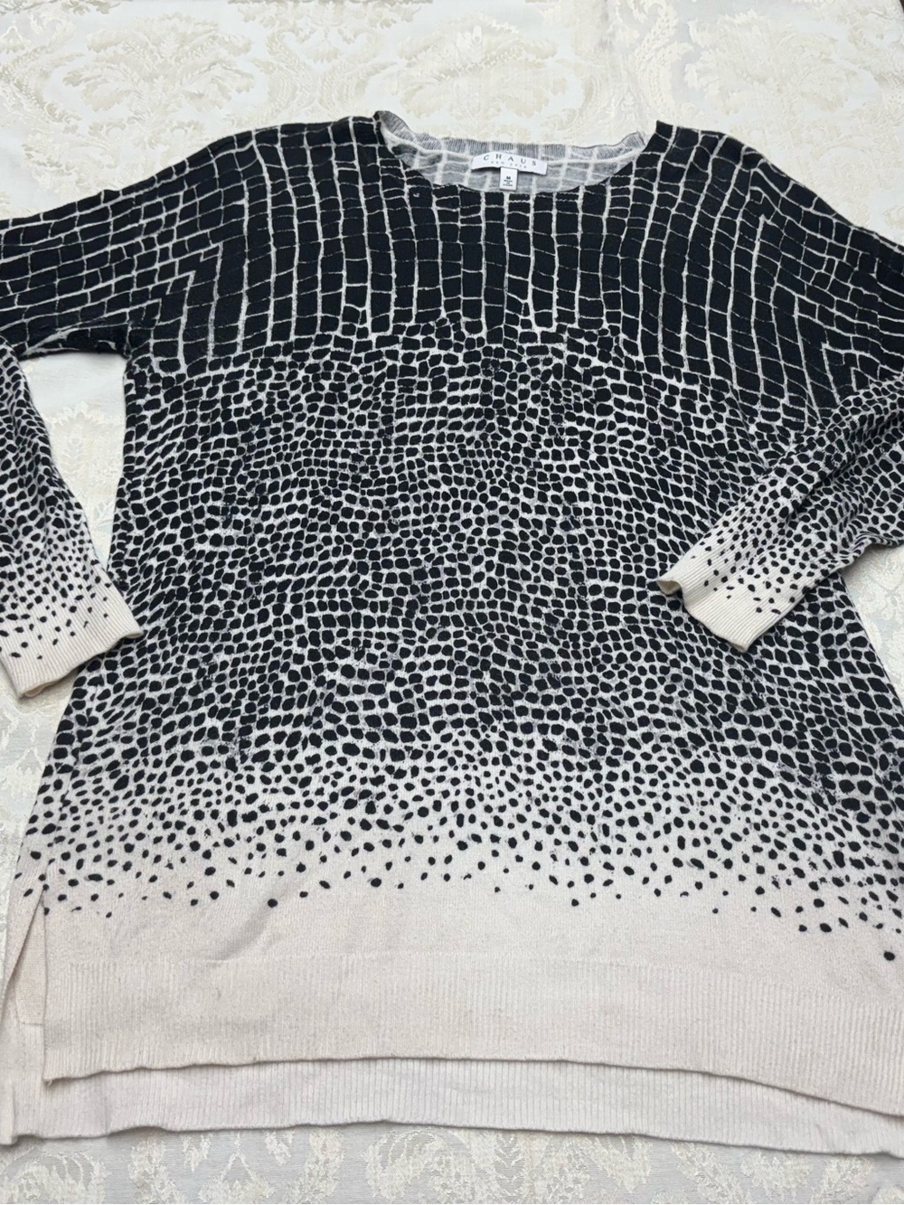 Chaus Black and Cream Patterned Crewneck Sweater